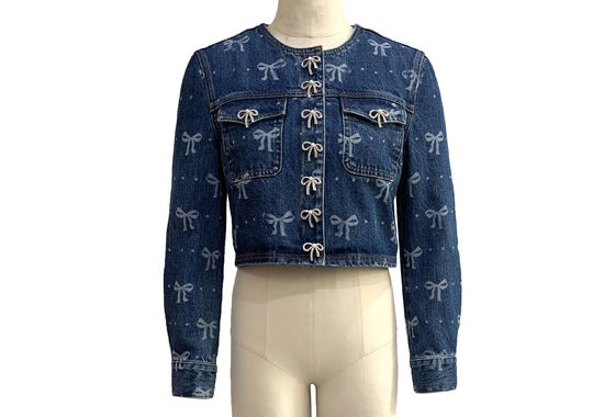 All Over Bow Print Stylowa kurtka Jean Zabawna i kobieca